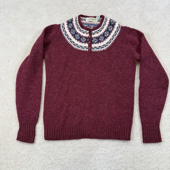 Vtg LL Bean 100% Wool Nordic Fair Isle Henley Sweater Womens Small/38 Maroon - Picture 2 of 9